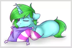 Size: 2024x1366 | Tagged: safe, artist:renalalka, derpibooru import, oc, oc:pixel bit, unofficial characters only, pony, unicorn, clothes, commission, digital art, green hair, green mane, green tail, male, one eye closed, pillow, prone, signature, simple background, socks, solo, stallion, striped socks, white background, ych result