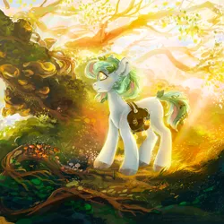 Size: 1500x1500 | Tagged: safe, artist:greyredroy, derpibooru import, oc, unofficial characters only, earth pony, pony, bag, commission, digital art, female, forest, mare, saddle bag, signature, solo, ych result