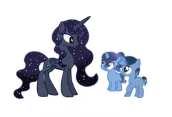 Size: 1960x1336 | Tagged: safe, artist:twilightcraft, derpibooru import, oc, oc:moon magic, oc:night dreams, oc:night sky, unofficial characters only, alicorn, pony, unicorn, brother and sister, colt, ethereal mane, female, filly, foal, folded wings, horn, male, mare, next generation, offspring, parent:king sombra, parent:princess luna, parents:lumbra, siblings, simple background, sisters, starry mane, white background, wings