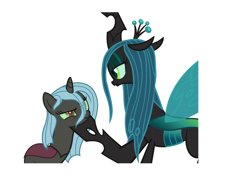 Size: 2152x1704 | Tagged: artist:twilightcraft, bad cropping, changeling, changeling queen, changeling queen oc, crown, derpibooru import, duo, female, horn, insect wings, jewelry, mommy chrissy, mother and child, mother and daughter, next generation, oc, oc:dark magic, parent:queen chrysalis, queen, queen chrysalis, regalia, safe, wings