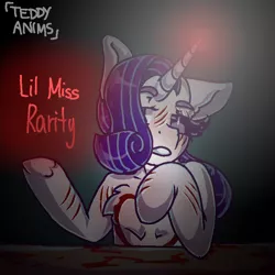 Size: 768x768 | Tagged: semi-grimdark, artist:teddyanimsistrash, derpibooru import, rarity, pony, unicorn, lil-miss rarity, blood, eyelashes, female, glowing horn, horn, mare, scar, scarred, solo, watermark