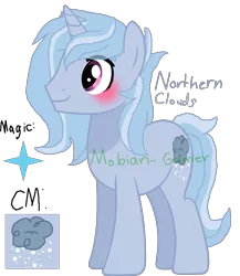 Size: 1121x1291 | Tagged: safe, artist:mobian-gamer, derpibooru import, oc, oc:northern clouds, unofficial characters only, pony, unicorn, alternate universe, blue hair, blushing, cutie mark, magicverse, male, next generation, obtrusive watermark, offspring, parent:cloudchaser, parent:north star, pink eyes, simple background, solo, stallion, transparent background, watermark