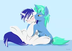 Size: 1280x900 | Tagged: safe, artist:hoverrover, derpibooru import, oc, oc:slappy, oc:vocalscorepony, unofficial characters only, pony, unicorn, blushing, cutie mark, ear fluff, eyes closed, floppy ears, gay, hooves, horn, kissing, lineless, male, spread legs, spreading, stallion