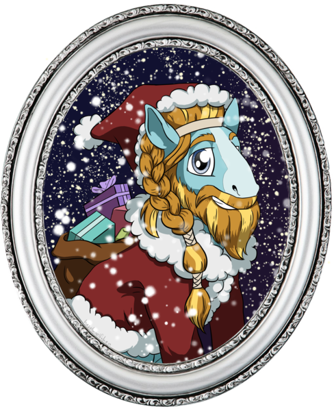 Size: 2088x2566 | Tagged: safe, artist:haselwoelfchen, derpibooru import, rockhoof, earth pony, pony, beard, braid, christmas, christmas presents, clothes, coat, costume, facial hair, gift giving, gift wrapped, hat, headband, holiday, male, picture frame, present, santa claus, santa costume, santa hat, santa sack, simple background, snow, solo, stallion, transparent background