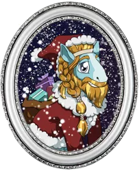 Size: 2088x2566 | Tagged: safe, artist:haselwoelfchen, derpibooru import, rockhoof, earth pony, pony, beard, braid, christmas, christmas presents, clothes, coat, costume, facial hair, gift giving, gift wrapped, hat, headband, holiday, male, picture frame, present, santa claus, santa costume, santa hat, santa sack, simple background, snow, solo, stallion, transparent background