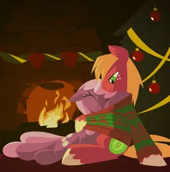 Size: 1280x1300 | Tagged: safe, artist:hoverrover, derpibooru import, big macintosh, cheerilee, earth pony, pony, cheeribetes, cheerimac, christmas, christmas tree, clothes, colored hooves, cute, cutie mark, eyes closed, female, fire, fireplace, floppy ears, hearth's warming, hearth's warming eve, hearth's warming tree, holiday, hooves, lineless, macabetes, male, mare, shipping, stallion, straight, sweater, tree