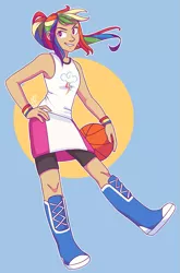 Size: 749x1134 | Tagged: abstract background, artist:skippyrip, ball, basketball, boots, clothes, color outline, compression shorts, cute, cutie mark, cutie mark on clothes, derpibooru import, female, hand on hip, human, humanized, ponytail, rainbow dash, safe, shirt, shoes, shorts, skirt, solo, sports, tanktop, tan skin, vulgar description, wristband