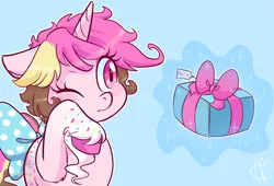 Size: 800x544 | Tagged: safe, artist:skippyrip, derpibooru import, oc, oc:phii sa cake, unofficial characters only, pony, unicorn, blushing, bow, color outline, crying, cute, female, frown, gift art, gift wrapped, hoof polish, hooves, horn, levitation, magic, magic aura, mare, name tag, one eye closed, pink eyes, present, ribbon, solo, tail bow, telekinesis, unshorn fetlocks