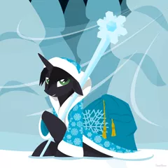 Size: 1280x1280 | Tagged: safe, artist:hoverrover, derpibooru import, oc, oc:hoverrover, pony, unicorn, bag, clothes, ded moroz, floppy ears, grin, hooves, horn, lineless, male, sitting, smiling, snow, solo, stallion