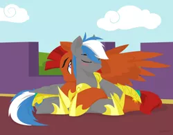 Size: 1280x1000 | Tagged: safe, artist:hoverrover, derpibooru import, oc, oc:captain sunride, oc:cloud zapper, unofficial characters only, pegasus, pony, armor, blushing, cloud, cutie mark, ear fluff, eyes closed, gay, hooves, hug, lineless, lying down, male, prone, royal guard, shipping, smiling, spread wings, stallion, wings