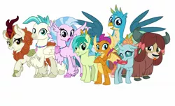Size: 1891x1153 | Tagged: safe, artist:cheezedoodle96, artist:jhayarr23, derpibooru import, edit, autumn blaze, gallus, ocellus, sandbar, silverstream, smolder, terramar, yona, changedling, changeling, classical hippogriff, dragon, earth pony, gryphon, hippogriff, kirin, pony, yak, sounds of silence, bow, cloven hooves, dragoness, dreamworks face, female, hair bow, male, monkey swings, raised claw, raised eyebrow, raised hoof, simple background, smiling, student six, teenager, tongue out, vector, white background
