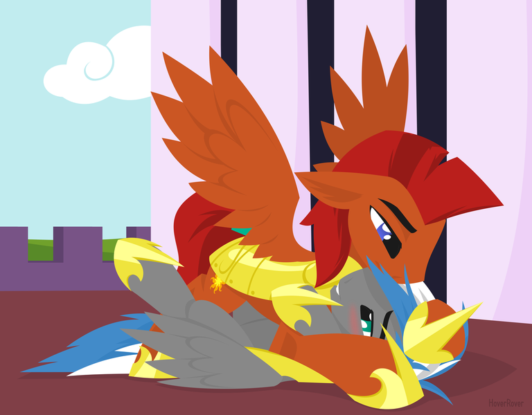 Size: 1280x1000 | Tagged: safe, artist:hoverrover, derpibooru import, oc, oc:captain sunride, oc:cloud zapper, unofficial characters only, pegasus, pony, armor, blushing, cloud, cutie mark, ear fluff, gay, grin, hooves, lineless, lying down, male, on back, royal guard, shipping, smiling, spread wings, stallion, wings