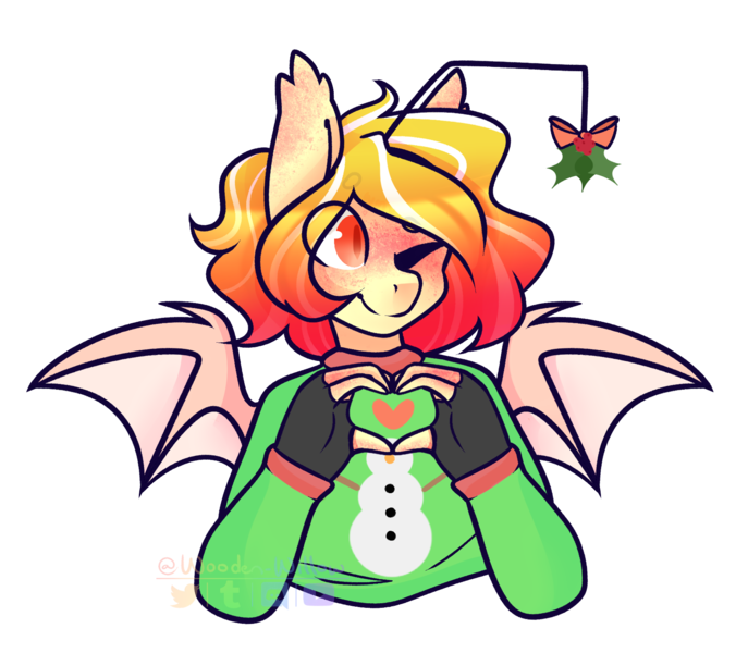 Size: 1801x1573 | Tagged: safe, artist:wooden-willow, derpibooru import, oc, oc:solar shine, unofficial characters only, anthro, bat pony, anthro oc, bat pony oc, bat wings, christmas sweater, clothes, commission, digital art, eye clipping through hair, female, holly, holly mistaken for mistletoe, mare, one eye closed, signature, simple background, solo, sweater, transparent background, wings, wink, ych result