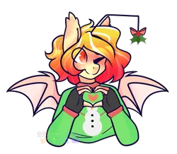 Size: 1801x1573 | Tagged: safe, artist:wooden-willow, derpibooru import, oc, oc:solar shine, unofficial characters only, anthro, bat pony, anthro oc, bat pony oc, bat wings, christmas sweater, clothes, commission, digital art, eye clipping through hair, female, holly, holly mistaken for mistletoe, mare, one eye closed, signature, simple background, solo, sweater, transparent background, wings, wink, ych result