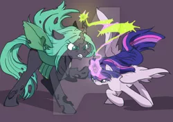 Size: 400x282 | Tagged: safe, artist:yukandasama, derpibooru import, queen chrysalis, twilight sparkle, twilight sparkle (alicorn), alicorn, changeling, pony, deviantart watermark, female, fight, good vs evil, mare, obtrusive watermark, watermark