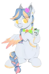 Size: 1000x1500 | Tagged: safe, artist:rhythmpixel, derpibooru import, oc, oc:river chime, oc:seashore swirl, unofficial characters only, pegasus, pony, 2019 community collab, derpibooru community collaboration, bell, belly button, braid, braided tail, colored hooves, colored wings, ear fluff, female, flower, flower in hair, hairband, lei, lineless, mare, plushie, simple background, sitting, solo, transparent background, wings
