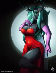 Size: 695x900 | Tagged: suggestive, artist:zwitterkitsune, derpibooru import, queen chrysalis, anthro, big breasts, breasts, busty queen chrysalis, clothes, dress, female, jessica rabbit, reversalis, smiling, solo, solo female, who framed roger rabbit