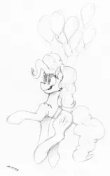 Size: 3996x6381 | Tagged: safe, artist:adilord, derpibooru import, pinkie pie, earth pony, pony, balloon, female, floating, flying, mare, simple background, smiling, solo, then watch her balloons lift her up to the sky, traditional art