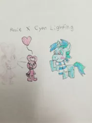 Size: 3024x4032 | Tagged: safe, artist:drypony198, derpibooru import, oc, oc:cyan lightning, oc:rosie bunny, pony, rabbit, unicorn, animal, blushing, clothes, cute, cyanrosie, heart, scarf, traditional art