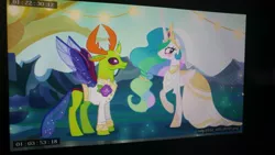 Size: 960x541 | Tagged: artist needed, source needed, safe, derpibooru import, princess celestia, thorax, alicorn, changedling, changeling, pony, to where and back again, bride, changeling king, clothes, cute, cutelestia, dress, duo, fake, fake screencap, faker than a three dollar bill, female, king thorax, male, mare, raised hoof, shipping, spread wings, straight, suit, thoralestia, tuxedo, wedding dress, wedding veil, wings