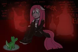 Size: 1800x1200 | Tagged: anthro, artist:regularmouseboy, clothes, crying, cutie mark, darkness, derpibooru import, feet, gummy, hope, insanity, madame le flour, mr. turnip, party of one, pinkamena diane pie, pinkie pie, plantigrade anthro, rocky, safe, shoes, sir lintsalot, toes, torn clothes