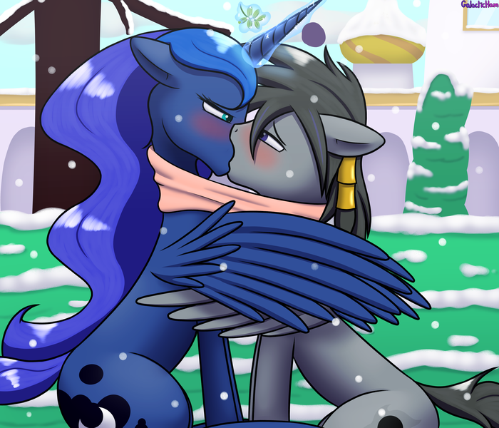 Size: 3500x3000 | Tagged: safe, artist:galacticham, derpibooru import, princess luna, oc, oc:ethan eclipse, pony, blushing, canon x oc, canterlot, clothes, french kiss, garden, kissing, looking at each other, mistletoe, scarf, snow