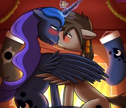 Size: 3500x3000 | Tagged: safe, alternate version, artist:galacticham, derpibooru import, princess luna, oc, oc:ethan eclipse, pony, blushing, canon x oc, christmas, christmas stocking, clothes, fireplace, french kiss, holiday, kissing, looking at each other, mistletoe, scarf