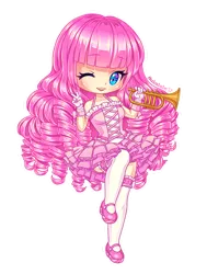 Size: 800x1059 | Tagged: artist:nukababe, bare shoulders, chibi, clothes, cute, derpibooru import, gloves, human, humanized, light skin, mary janes, musical instrument, one eye closed, open mouth, peace sign, pinkie pie, safe, shoes, simple background, skirt, socks, solo, stockings, thigh highs, transparent background, trumpet, wink