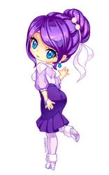 Size: 800x1280 | Tagged: alternate hairstyle, artist:nukababe, boots, chibi, clothes, derpibooru import, hair ribbon, high heel boots, high heels, human, humanized, jewelry, looking at you, looking back, looking back at you, pantyhose, rarity, ring, safe, shoes, simple background, skirt, transparent background, white outline