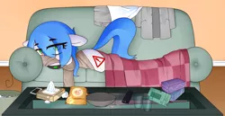 Size: 3500x1800 | Tagged: safe, artist:fullmetalpikmin, derpibooru import, oc, oc:mal, unofficial characters only, pony, blanket, clothes, couch, cough drops, looking at you, lying down, medicine, sick, snot, solo, sweater, tissue, tissue box