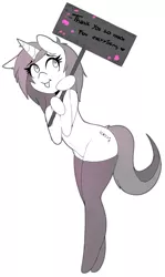 Size: 1144x1920 | Tagged: safe, artist:enryuuchan, derpibooru import, oc, oc:tied hooves, unofficial characters only, pony, unicorn, :p, clothes, femboy, goodbye, horn, lineart, male, sign, socks, thigh highs, tongue out, tumblr 2018 nsfw purge, tumblr drama, unicorn oc