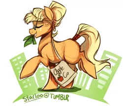 Size: 1078x931 | Tagged: safe, artist:starloo, derpibooru import, applejack, pony, alternate hairstyle, bag, eyes closed, glasses, hatless, missing accessory, money, mouth hold, solo, tail wrap, tote bag