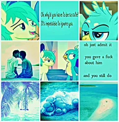 Size: 1164x1200 | Tagged: safe, derpibooru import, editor:pinksunsets555, gallus, sandbar, gryphon, human, pony, gallbar, gay, irl, irl human, male, moodboard, photo, secret feelings, shipping, vulgar