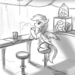 Size: 850x850 | Tagged: safe, artist:tomatocoup, derpibooru import, rainbow dash, pegasus, pony, bar stool, black and white, chair, clothes, coffee, donut, female, food, grayscale, mare, missing cutie mark, monochrome, sitting, solo