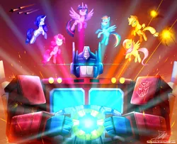 Size: 1000x810 | Tagged: safe, artist:the-butch-x, derpibooru import, applejack, fluttershy, pinkie pie, rainbow dash, rarity, twilight sparkle, twilight sparkle (alicorn), alicorn, earth pony, pegasus, pony, unicorn, autobot, badass, commission, crossover, epic, female, flutterbadass, looking at you, mane six, mare, matrix of leadership, optimus prime, transformers