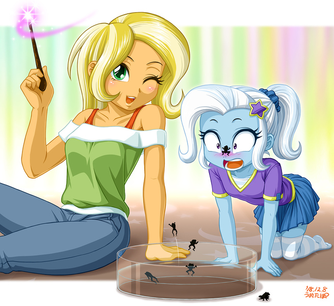 Size: 1200x1099 | Tagged: safe, artist:uotapo, derpibooru import, sunflower spectacle, trixie, frog, equestria girls, adorable distress, blushing, clothes, cute, diatrixes, fear, female, mother and child, mother and daughter, one eye closed, open mouth, pants, ponytail, shirt, signature, skirt, smiling, socks, stars, thigh highs, transformation, younger