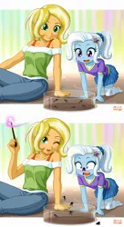 Size: 1200x2200 | Tagged: safe, artist:uotapo, derpibooru import, edit, sunflower spectacle, trixie, frog, equestria girls, adorable distress, blushing, clothes, comic, cute, diatrixes, female, magic, mother and child, mother and daughter, one eye closed, open mouth, pants, ponytail, shirt, signature, sitting, skirt, smiling, socks, stars, tadpole, thigh highs, uotapo is trying to murder us, wand, weapons-grade cute, younger