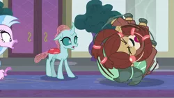 Size: 1280x720 | Tagged: changedling, changeling, classical hippogriff, cloven hooves, clumsy, derpibooru import, female, hippogriff, ocellus, safe, school daze, screencap, silverstream, spinning, trio, tumbling, yak, yona