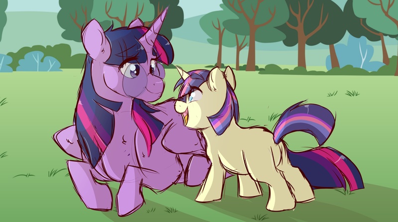 Size: 3500x1950 | Tagged: safe, artist:canisrettmajoris, derpibooru import, twilight sparkle, twilight sparkle (alicorn), oc, oc:starlight nebula, alicorn, pony, unicorn, female, filly, grass, looking at each other, mare, mother and child, mother and daughter, next generation, offspring, parent:comet tail, parent:twilight sparkle, parents:cometlight, prone, smiling, tree