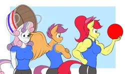 Size: 1280x756 | Tagged: safe, artist:matchstickman, derpibooru import, apple bloom, scootaloo, sweetie belle, anthro, earth pony, pegasus, unicorn, tumblr:where the apple blossoms, apple brawn, ball, biceps, blue background, breasts, buckball, bucket, busty apple bloom, busty cmc, busty scootaloo, busty sweetie belle, clothes, cutie mark crusaders, deltoids, female, levitation, magic, mare, matchstickman's apple brawn series, muscles, older, older apple bloom, older scootaloo, older sweetie belle, shirt, shorts, simple background, sports, sports shorts, telekinesis, triceps, trio, tumblr comic