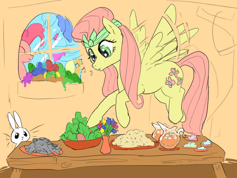 Size: 1120x840 | Tagged: safe, artist:ara, derpibooru import, angel bunny, fluttershy, pinkie pie, earth pony, fish, pegasus, pony, rabbit, alternate hairstyle, animal, dead, female, flower, flower pot, fluttershy's cottage, flying, food, juice, mare, salad, table, whistling, x eyes