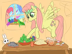 Size: 1120x840 | Tagged: safe, artist:ara, derpibooru import, angel bunny, fluttershy, pinkie pie, earth pony, fish, pegasus, pony, rabbit, alternate hairstyle, animal, dead, female, flower, flower pot, fluttershy's cottage, flying, food, juice, mare, salad, table, whistling, x eyes