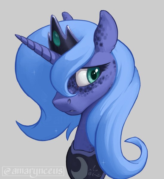 Size: 825x900 | Tagged: safe, artist:amarynceus, deleted from derpibooru, derpibooru import, princess luna, pony, bust, crown, cute, dappled, female, freckles, gray background, hair over one eye, jewelry, mare, portrait, regalia, s1 luna, simple background, solo, tiara