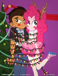 Size: 3090x4000 | Tagged: safe, artist:dieart77, derpibooru import, pinkie pie, oc, oc:copper plume, equestria girls, equestria girls series, antlers, blushing, canon x oc, christmas, christmas lights, christmas tree, clothes, commission, commissioner:imperfectxiii, copperpie, decoration, female, freckles, glasses, headband, holiday, male, neckerchief, pants, pantyhose, reindeer antlers, sandals, shipping, shirt, skirt, straight, tangled up, tree