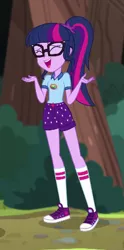 Size: 268x540 | Tagged: safe, derpibooru import, screencap, sci-twi, twilight sparkle, equestria girls, legend of everfree, clothes, converse, cropped, eyes closed, female, ponytail, shoes, shorts, smiling, sneakers, socks