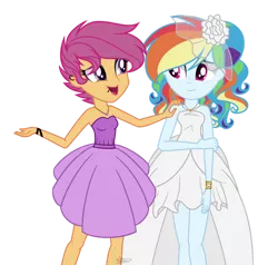 Size: 1024x973 | Tagged: safe, artist:misskitkat2002, derpibooru import, rainbow dash, scootaloo, equestria girls, bare shoulders, clothes, dress, ear piercing, earring, jewelry, lip piercing, lip ring, older, older rainbow dash, older scootaloo, piercing, rainbow dash always dresses in style, simple background, sleeveless, strapless, transparent background, wedding dress