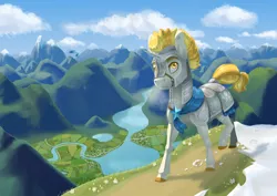 Size: 3508x2480 | Tagged: safe, artist:jackiebloom, derpibooru import, oc, oc:golden grain, unofficial characters only, dragon, earth pony, pony, armor, fake horn, farm, female, helmet, hill, lake, mare, mountain, mountain range, river, scenery, solo, valley