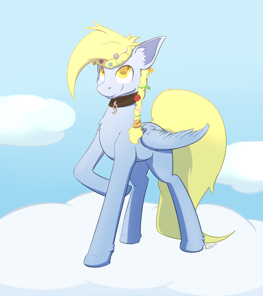 Size: 1600x1800 | Tagged: safe, artist:cheshiresdesires, derpibooru import, oc, oc:windswept skies, unofficial characters only, pegasus, pony, braid, charm, cloud, collar, ear fluff, female, floral head wreath, flower, hooves, looking up, male, mare, not derpy, on a cloud, raised hoof, sky, smiling, solo, spread wings, stallion, standing on cloud, wings