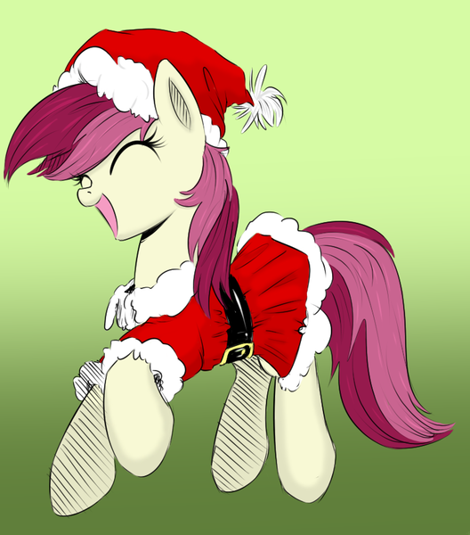 Size: 767x872 | Tagged: safe, artist:xioade, derpibooru import, roseluck, earth pony, pony, adorarose, christmas, clothes, costume, cute, drawthread, dress, eyes closed, female, gradient background, green background, hat, holiday, mare, open mouth, raised hoof, santa costume, santa hat, simple background, skirt, smiling, solo