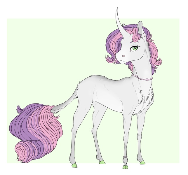 Size: 1450x1350 | Tagged: safe, artist:dementra369, derpibooru import, sweetie belle, classical unicorn, horse, pony, unicorn, chest fluff, cloven hooves, colored hooves, curved horn, ear piercing, earring, female, green background, horn, jewelry, leonine tail, lidded eyes, mare, necklace, piercing, simple background, solo, teenage sweetie belle, teenager, unshorn fetlocks
